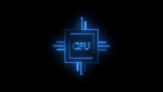 Glowing blue neon cpu processor chip icon symbol representing modern computer hardware technology and digital electronic data processing performance on a dark black background