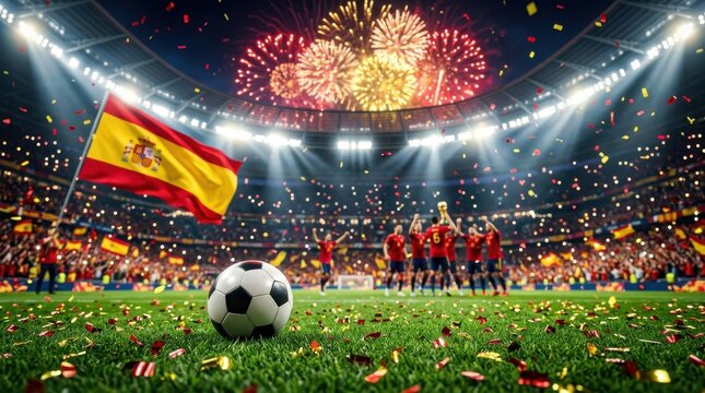 Spanish national football team celebrating victory with trophy in stadium