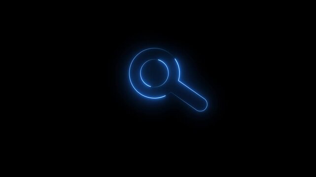 Glowing digital magnifying glass icon made of blue particles representing search and technology on a dark background