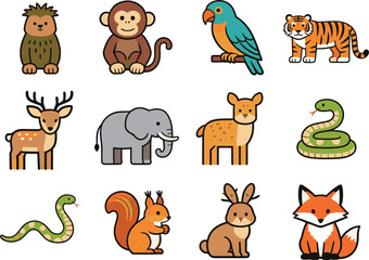 Obraz premium Cute cartoon animal icon collection featuring wild and forest animals in a colorful flat style, isolated on a white background for educational, children's, and design projects.
