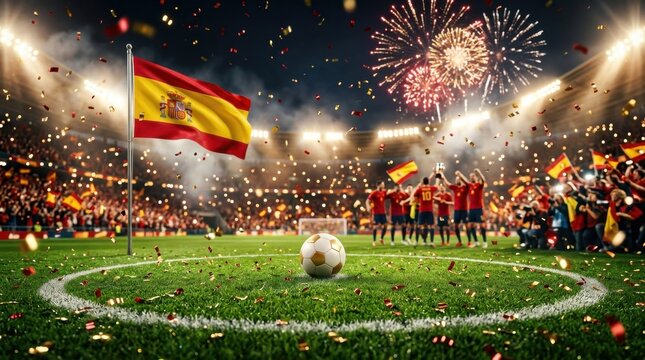 Spanish national football team victory celebration in stadium with fireworks and confetti