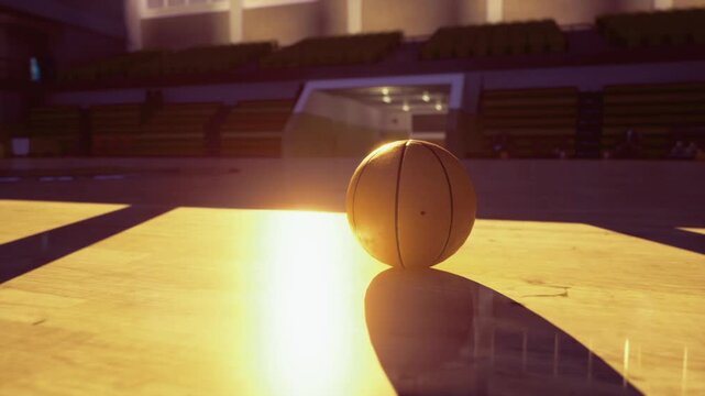 Basketball near freethrow area glowing with amber light, scene evokes memory and quiet reflection of past games, empty stands and soft shadows add vintage mood