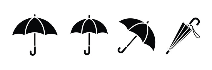 Umbrella icons featuring rain symbols, weather protection, parasol designs, climate elements, and vector illustration. © MOSA