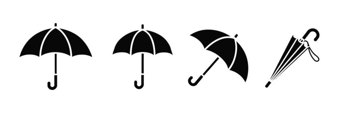 Umbrella icons featuring rain symbols, weather protection, parasol designs, climate elements, and vector illustration.