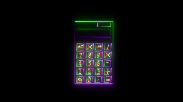 Neon calculator icon with bright glowing green and purple light lines on a dark background showing numbers and math symbols for business finance and accounting concept