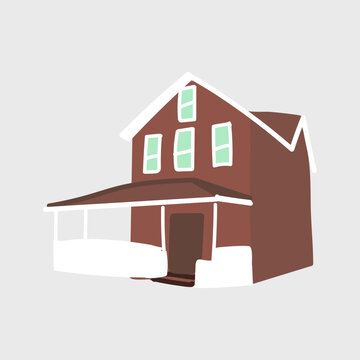 Weathered saltbox house with covered porch, flat vector illustration
