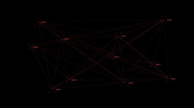 Connected digital nodes forming complex network animation with red lines