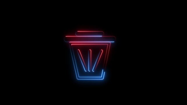 Neon trash can icon glowing with blue and red light on a dark black background representing digital delete functions and computer recycling concepts in a modern minimalist style design