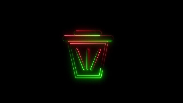 Neon trash can icon glowing with red and green light lines on a dark black background representing digital waste management and computer data deletion symbol for modern user interface design elements