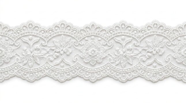 Intricate white lace trim with floral patterns on transparent background