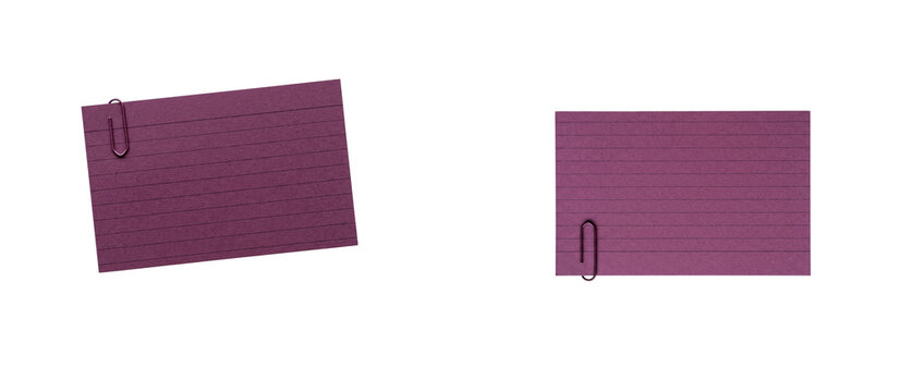 Purple lined index card with paperclip isolated on transparent background
