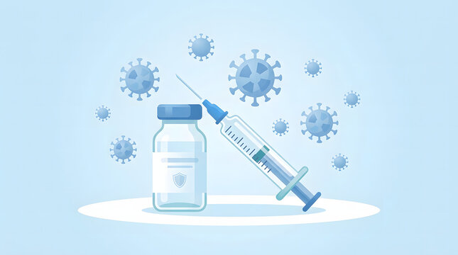 Medical vaccine vial and syringe with floating virus particles illustration