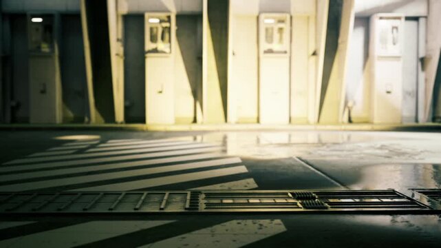Empty futuristic parking bay illuminated by warm sunrise glow, clean concrete surfaces, cables and rails hint at autonomous charging and industrial technology