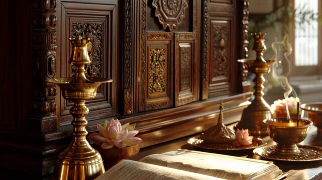 Traditional Hindu ritual with open scripture, brass lamps, and incense