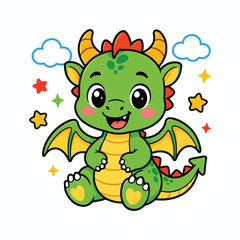Fototapeta premium Cute Dragon Mascot Cartoon Flat Vector Illustration Kawaii Fantasy Dragon Character for Stickers, T-Shirts and Merchandise