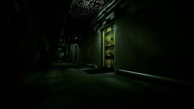 Yellow service door beside dark puddle and wet floor, evidence of leak or spill under harsh industrial lighting gritty textures, corroded pipes, and cautionary