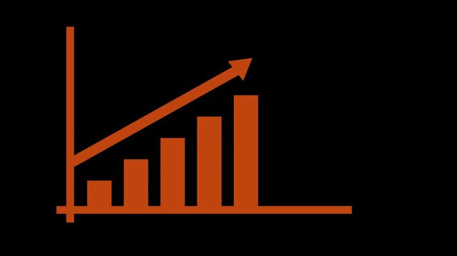 Orange arrow pointing up on a simple bar chart graph representing business growth and financial success in a minimalist vector design style for corporate presentations and data analytics reports