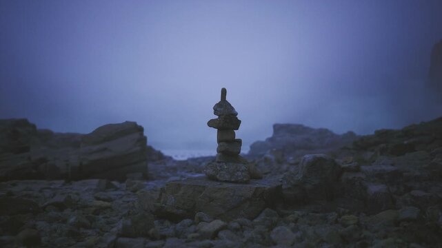 Ceremonial rock marker at dusk, stacked stones resemble altar or wayfinder, cool tonal range and empty expanse evoke ancient ritual and silent witness