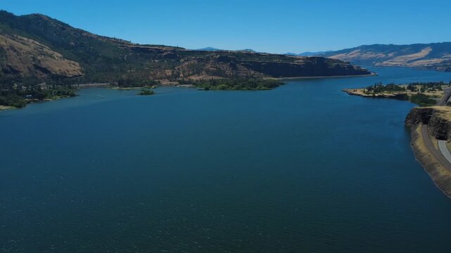  Pan left from east to west over Columbia River Gorge I-84 highway near Rowena.