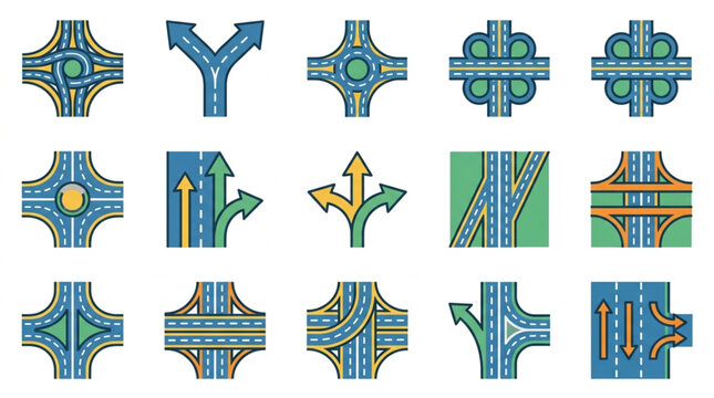 Colorful Vector Road Intersection and Traffic Sign Icons.