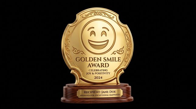 "Golden Smile" award featuring a happy face engraving, luxurious metallic finish, studio lighting, ultra-realistic and highly detailed image, on a transparent background.
