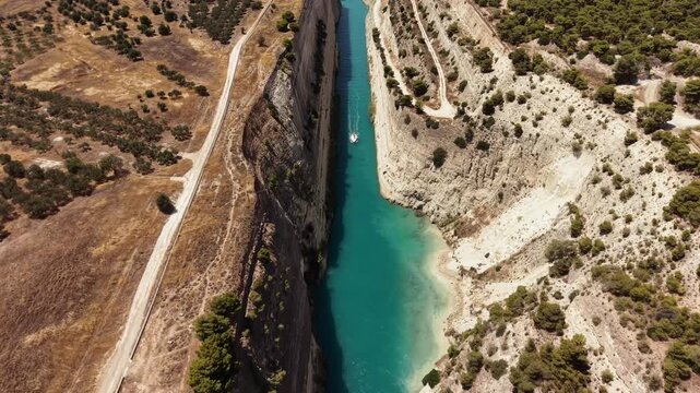 Sailboat Navigating the Historic Corinth Canal, Aerial view