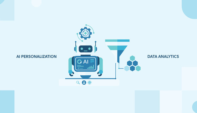 Advanced AI personalization and big data analytics framework showing a smart machine learning robot helper in a blue background.