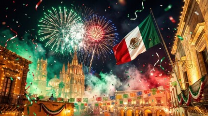 Obraz premium Mexican independence day celebration with fireworks over san miguel de allende church