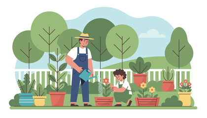 Fototapeta premium Father and young son enjoying a sunny spring day together while watering potted flowers in their backyard garden.