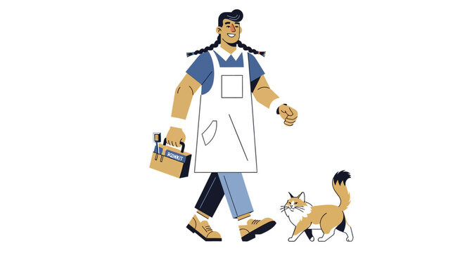 Cartoon handyman with toolbox and cat companion.