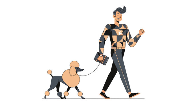 Woman walking small poodle on leash outdoors.