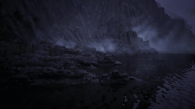 Dark rocky shoreline under stormy sky, pixelated water reflecting distant glow, cinematic grain and high contrast textures evoke eerie solitude and raw coastal