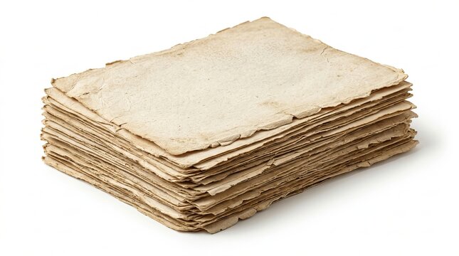 Stack of old brown paper sheets with rough edges on white background