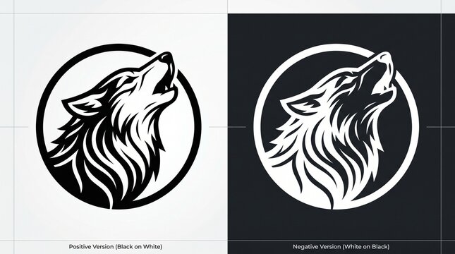 Create a premium minimalist wolf head logo in bold black-and-white vector style. Design a fierce howling wolf with detailed flowing fur, sharp facial features, clean geometric linework, and a modern c