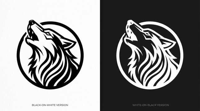 Create a premium minimalist wolf head logo in bold black-and-white vector style. Design a fierce howling wolf with detailed flowing fur, sharp facial features, clean geometric linework, and a modern c