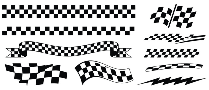 Motorsport checker flag borders showcasing racing grid textures, checkered finish line stripes, and speed competition graphics, vector, designs
