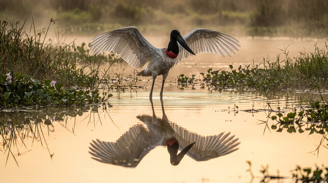 Jabiru Stork Spreading Wings with Water Reflection in Wetland at Sunrise, Pantanal Wildlife