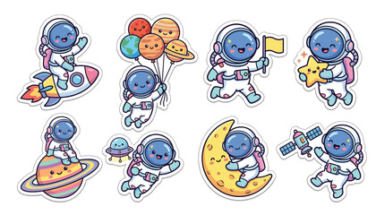 Set of cute cartoon astronauts in space, funny space explorers characters with rocket, planets, moon, star, ufo and satellite © mdSiam