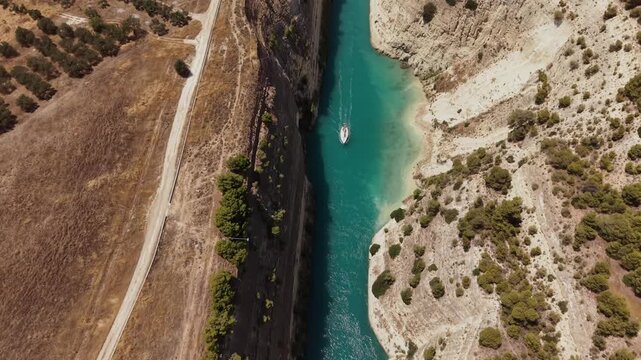 Sailboat Navigating the Historic Corinth Canal, Aerial view
