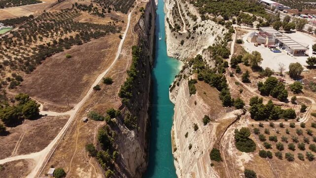 Sailboat Navigating the Historic Corinth Canal, Aerial view