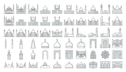 Set of mosque icons, islamic architecture, domes, minarets, arches, and religious buildings, vector illustration © mdSiam