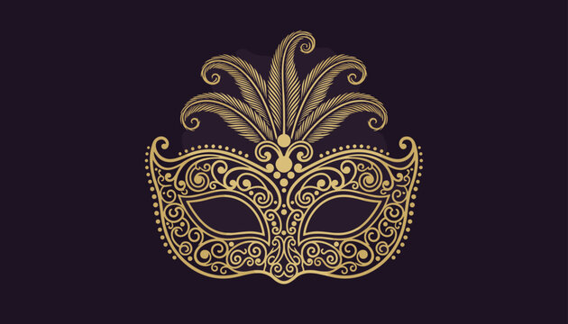 Golden masquerade mask with elegant swirls and feathers on a luxury dark purple background for carnival party.