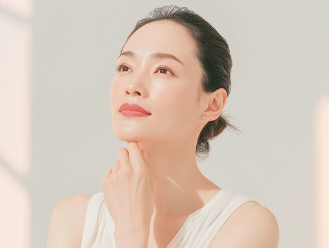 美容, 女性, スキンケア, 化粧品, ビューティー, 若い女性, 美肌, 日本人, アジア人, フェイシャル, メイク, 美容液, 保湿, クリーム, エイジングケア, 美容医療, エステ, 美容クリニック, 肌ケア, ナチュラルメイク, 透明感, ツヤ肌, モデル, 笑顔, ポートレート, クローズアップ, リラックス, 癒し, 健康的, 美白, コラーゲン, ヒアルロン酸, アンチエイジング