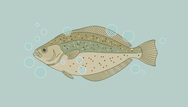 Scientific flat illustration of a flounder fish swimming in the ocean with water bubbles on a light blue background.
