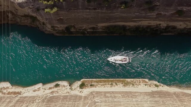 Small Sailing Yacht Crossing the Corinth Canal in Greece