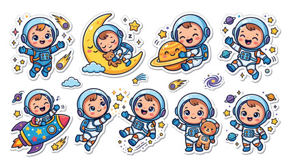 Set of cute baby astronauts in space, cartoon character stickers, space exploration theme with planets, stars, rocket, and teddy bear © mdSiam