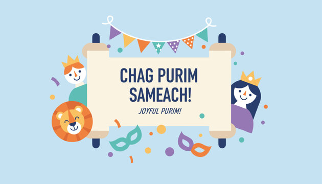 Colorful Purim greeting banner with text Chag Purim Sameach featuring cartoon characters, lion, scroll, and masks.