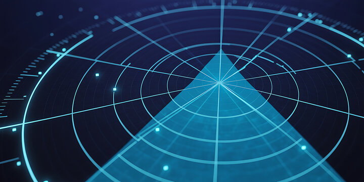 Futuristic blue radar screen displaying concentric circles and a triangular sweep technology