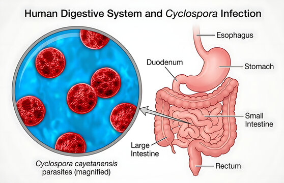 Educational Medical Illustration Showing Human Digestive Anatomy and Cyclospora Parasitic Infection Microscopic View