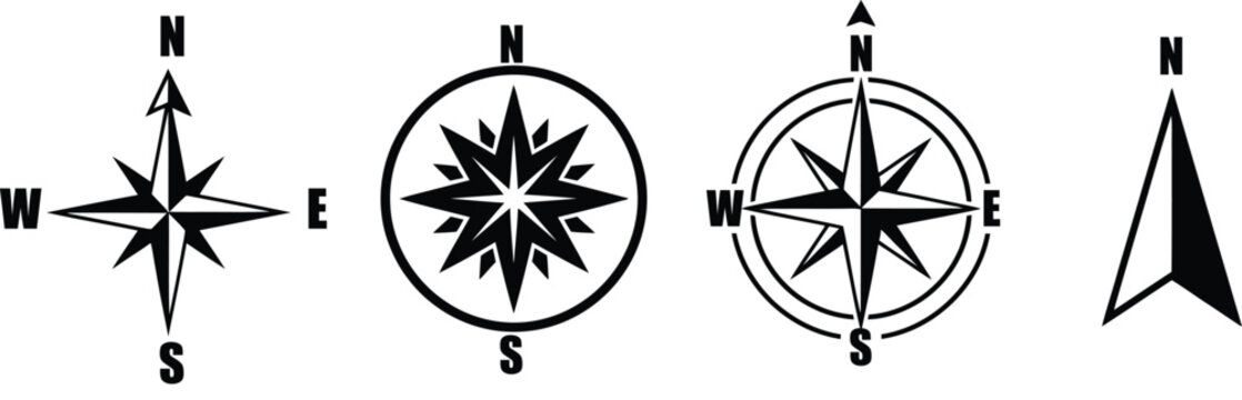 Collection of various compass rose and north arrow navigation symbols for map orientation with navigation direction orientation geography pointing cardinal cartography